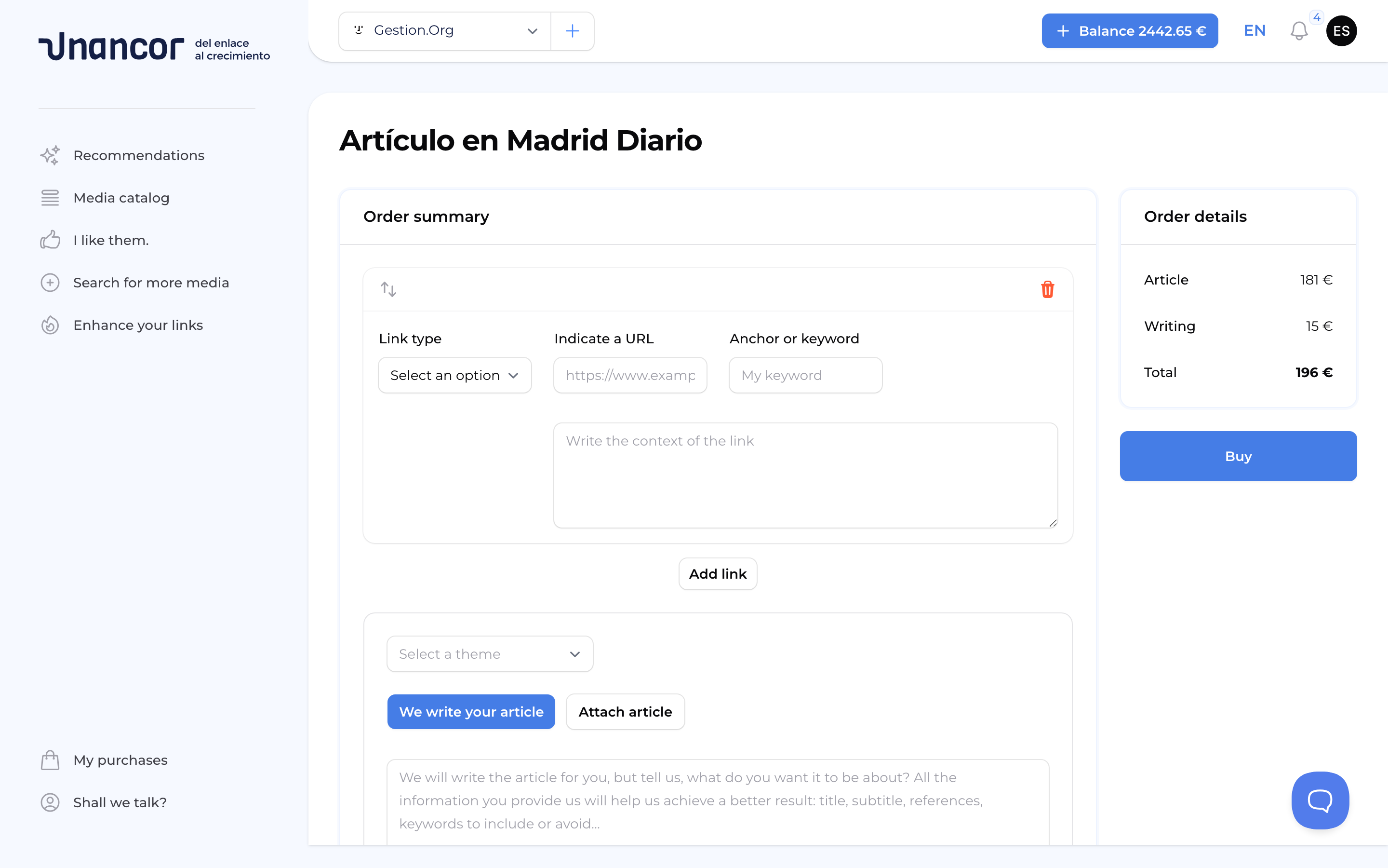 Choose a media outlet and buy your link - Form