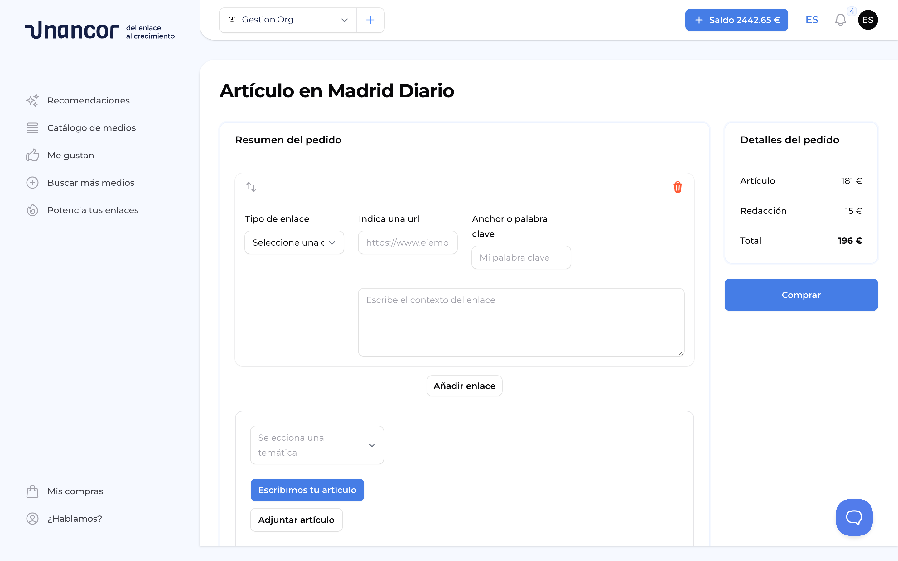 Elige un medio y compra tu enlace - Form