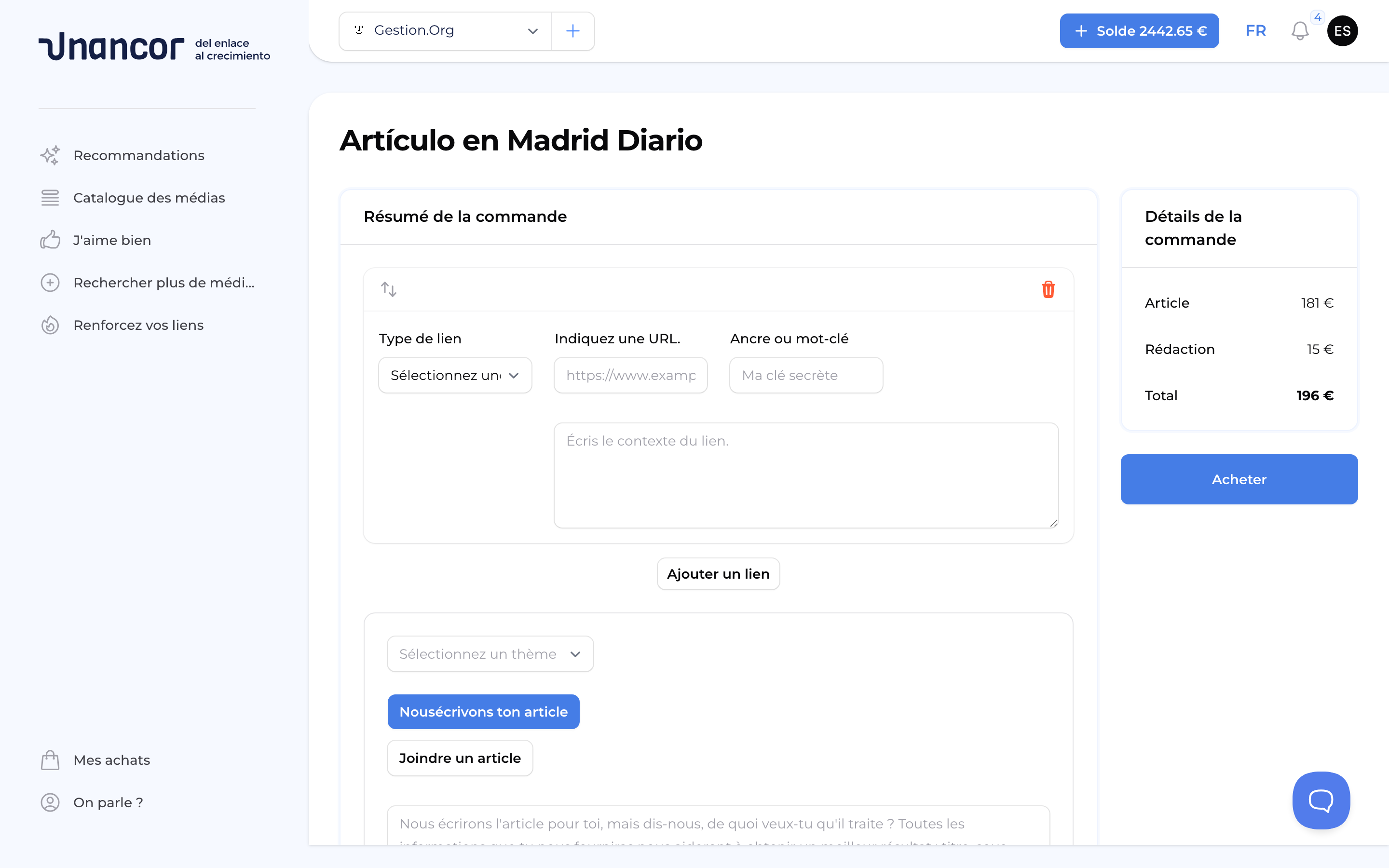 Choisissez un média et achetez votre lien - Form