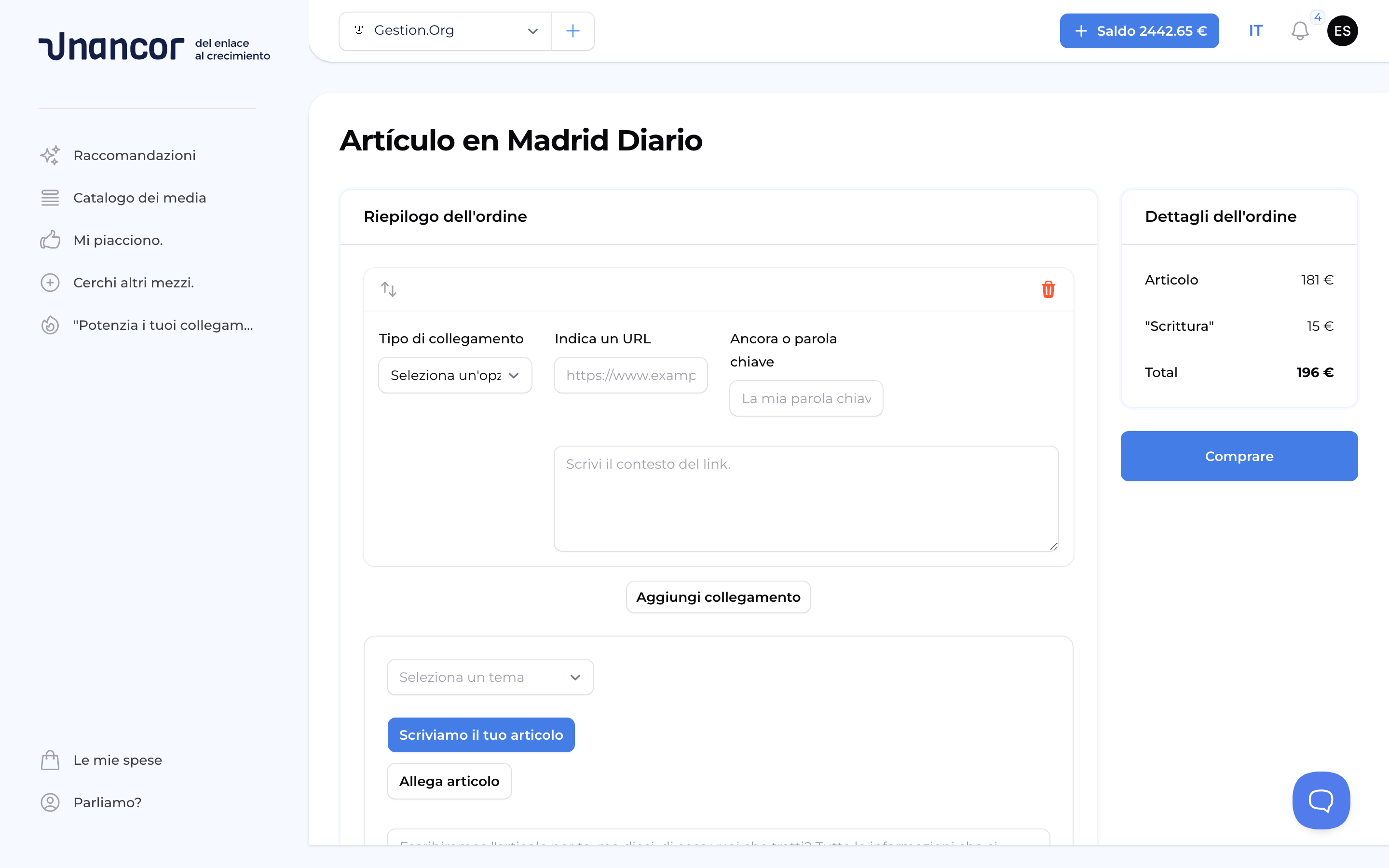 Scegli un media e acquista il tuo link - Form