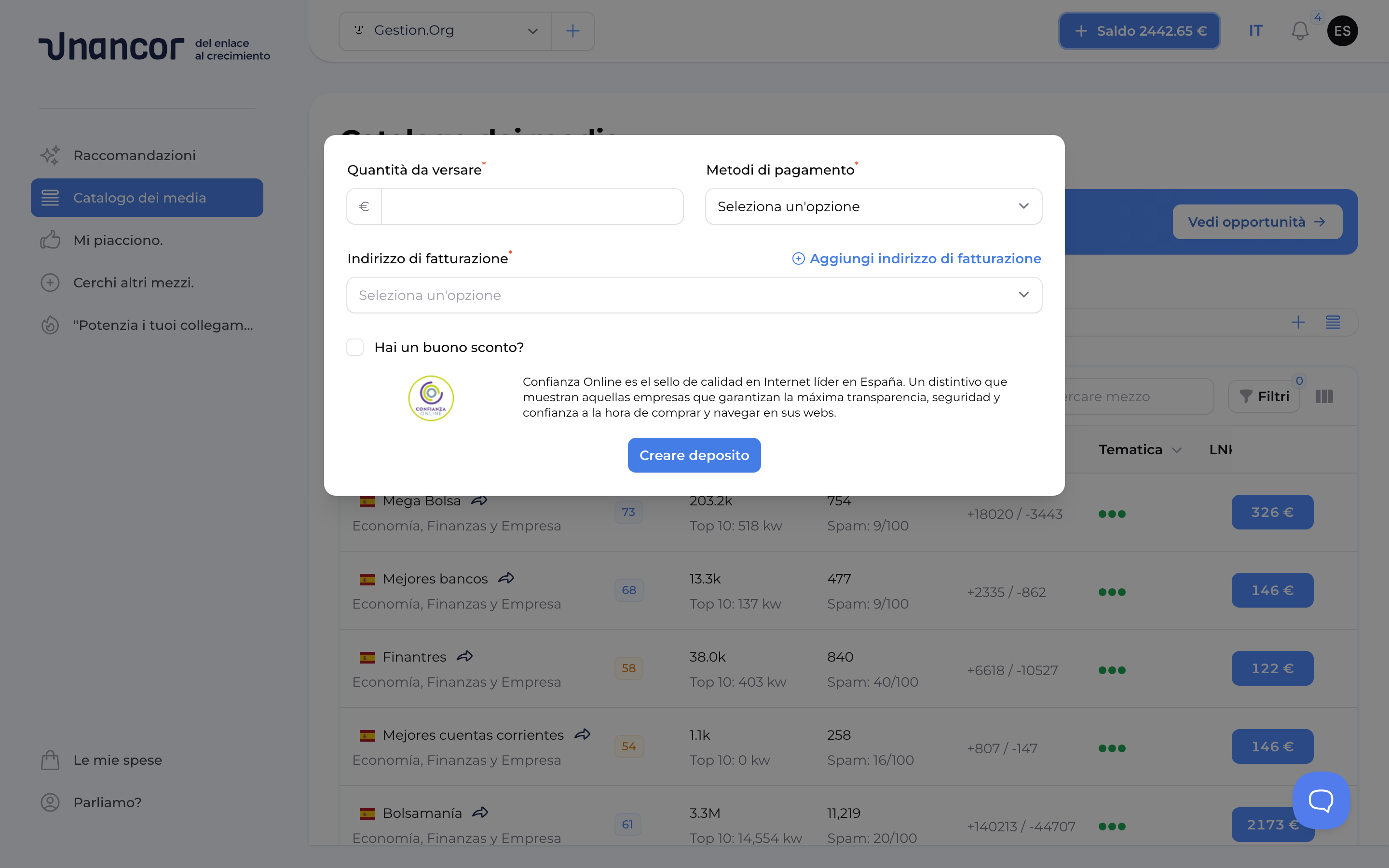 Deposita saldo sul tuo account