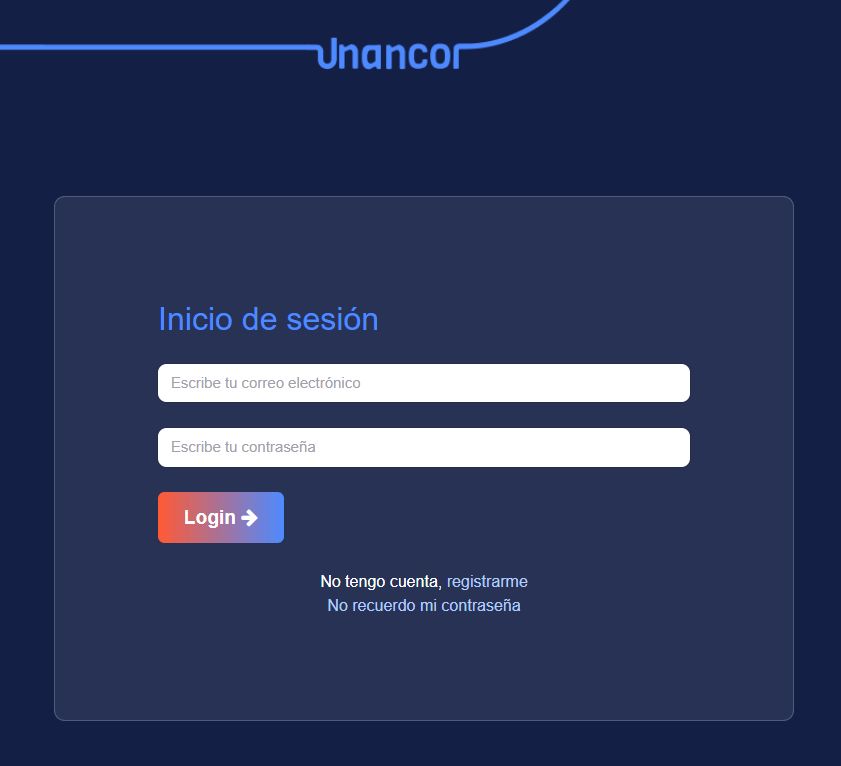 Pantalla de inicio de sesión de Unancor para registrarte y encontrar enlaces de diversas temáticas en diferentes medios.