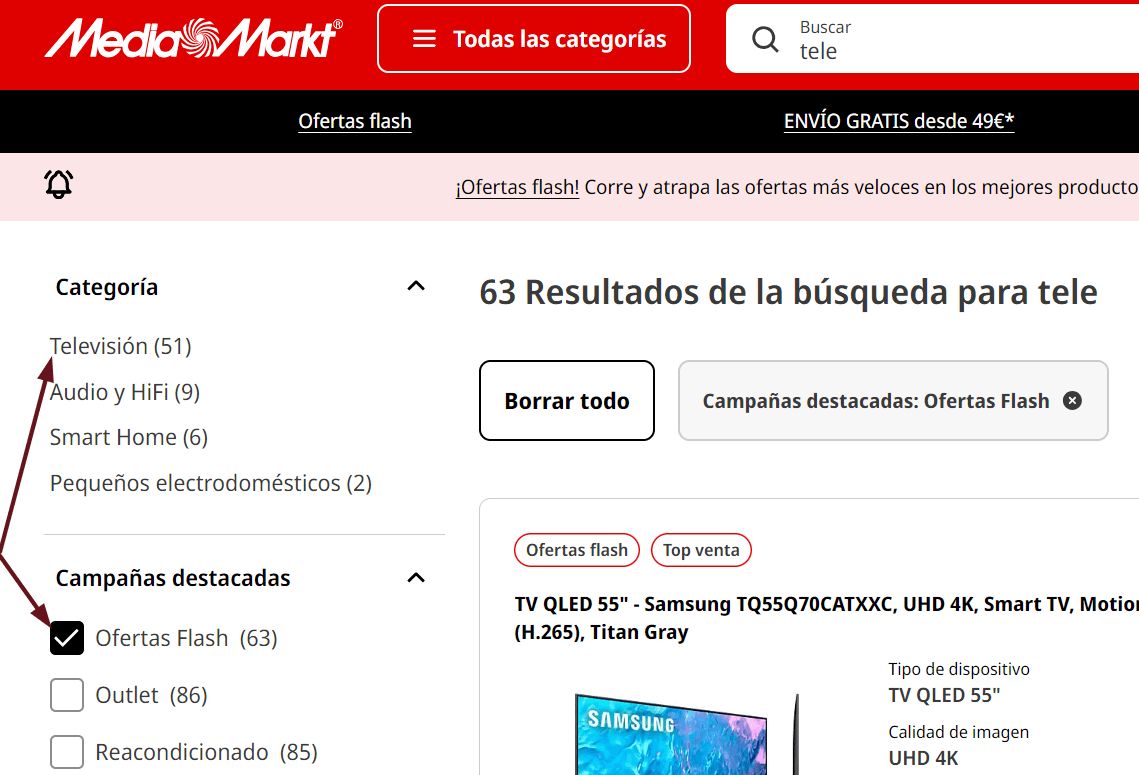 Página web de Media Markt en la que se aprecia las categorías que tiene y dentro de estas las campañas destacadas en las que se ha seleccionado Oferta FLash para demostrar la ofuscación de los enlaces que realiza esta empresa.