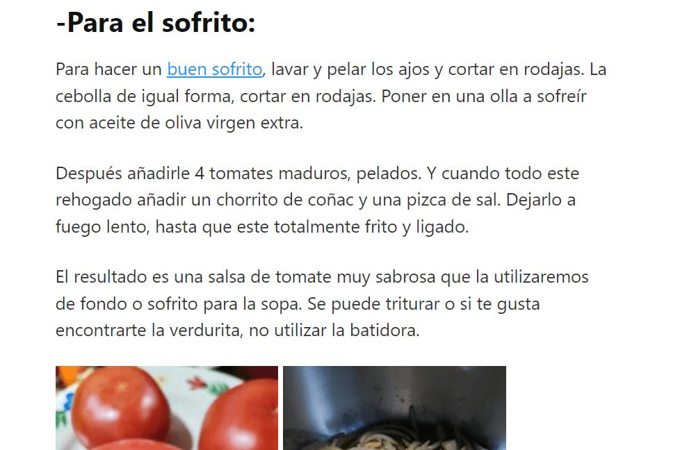 La palabra "buen sofrito" se muestra subrayada y en azul indicando que es un anchor text y contiene un enlace. Si haces clic en ella te llevará a otro página mejorando así el interlinking de la web