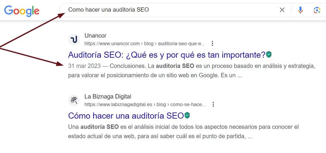 Resultados de las páginas que aparecen en Google al introducir la keywords "Como hacer una auditoría SEO"