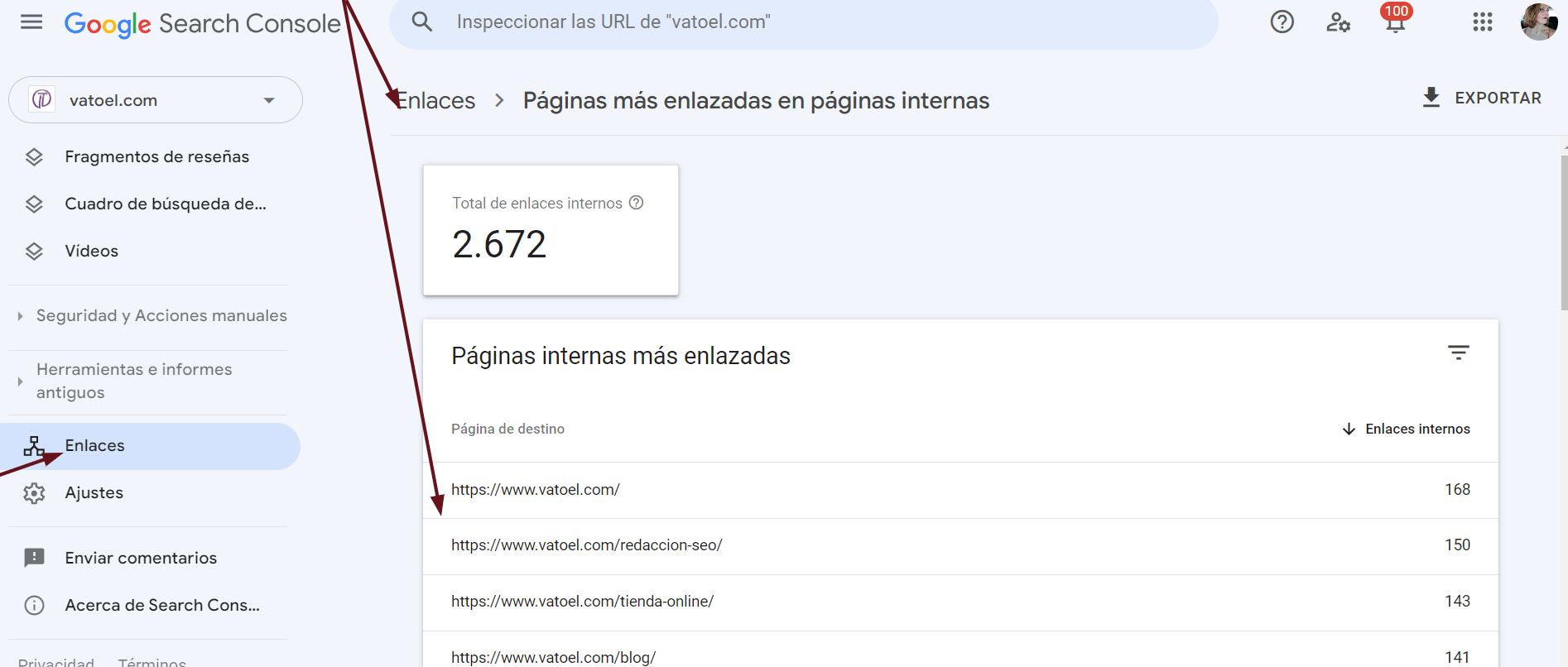 Herramienta de Search Console en la que se señala la sección de enlaces y cuáles son las páginas internas más enlazadas.