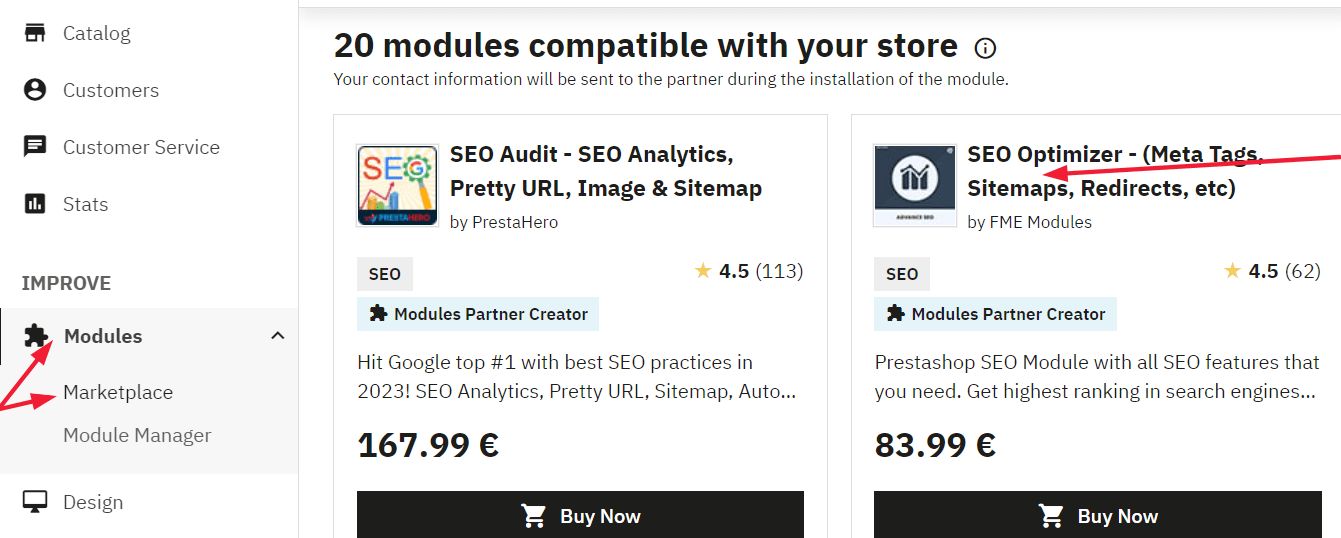 Dentro de la sección de modules de Prestashop se encuentra Marketplace que está señalado con una flecha roja. Ahí aparecen dos modules con los que puedes realizar sitemaps. SEO Audit y SEO optimizer.