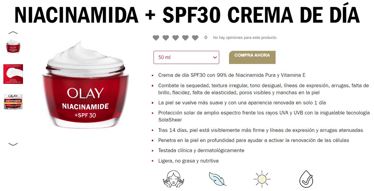 Tienda online con la Crema Niacinamida de Olay. Te detalla las características y beneficios de la crema, te muestra tres fotografías y tienes el botón de compra ahora.