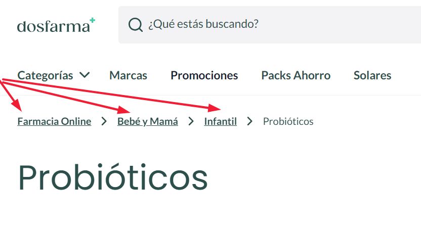 Ejemplo de migas de pan. El primer término es Farmacia Online, después Bebé y Mamá, luego Infantil y finalmente Probióticos