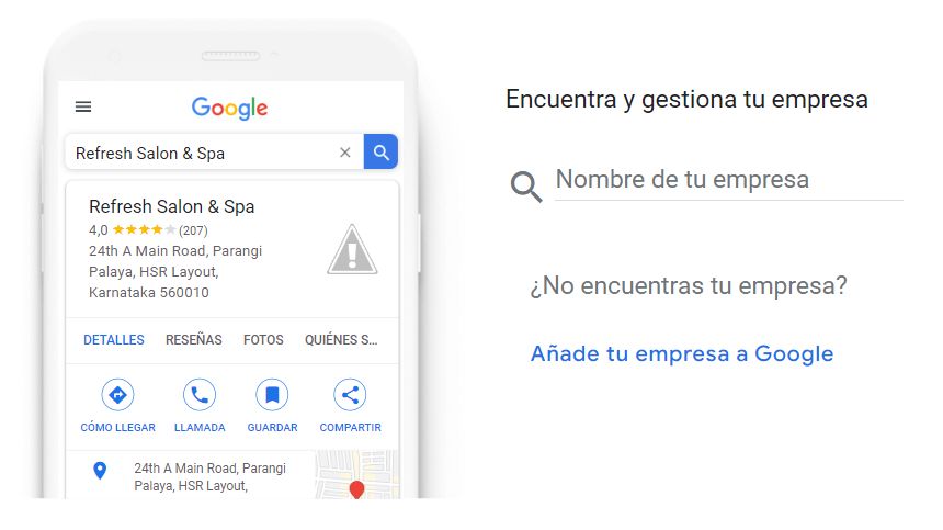 Detalles del perfil de Google de la empresa Refresh Salon & Spa vista desde el móvil. Te aparece las opiniones, una puntuación, la dirección y varias secciones donde puedes elegir reseñas, fotos, quiénes somos, cómo llegar, llamar, guardar o compartir la información. A la derecha de la imagen hay una buscador que pone "encuentra y gestiona tu empresa". Y abajo un apartado donde puedes añadir tu empresa a Google.