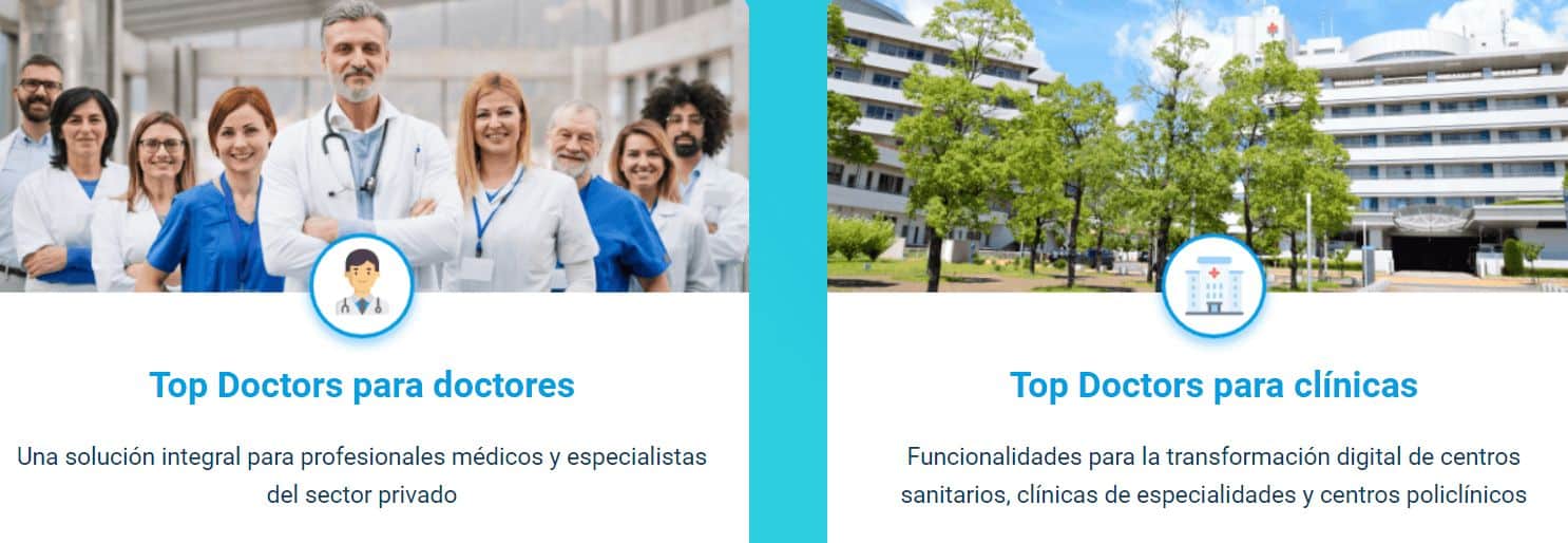 Detalle del directorio de top doctors: en la parte izquierda una imagen de un grupo de médicos y debajo el título Top Doctors para doctores y a la derecha una imagen de una clínica y un título que pone Top Doctors para clínicas. 