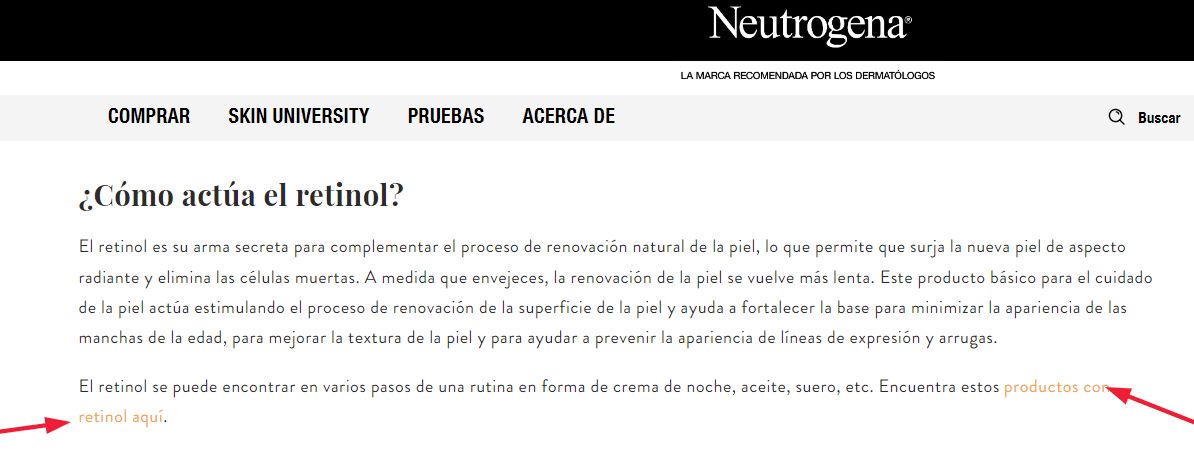 Captura de un artículo cuyo título es "¿Cómo actúa el retino?". Debajo hay un texto en otro color indicando que es un enlace y que pone "Encuentra estos productos con retinol aquí"