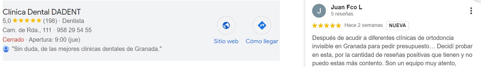 Detalle del perfil de empresa de la clínica dental Dadent y al lado, a la derecha, una opinión/ reseña de Juan Francisco en la que dice que se decidió a acudir a esta clínica por la cantidad de reseñas positivas que tenía y que está muy contento con el resultado obtenido.