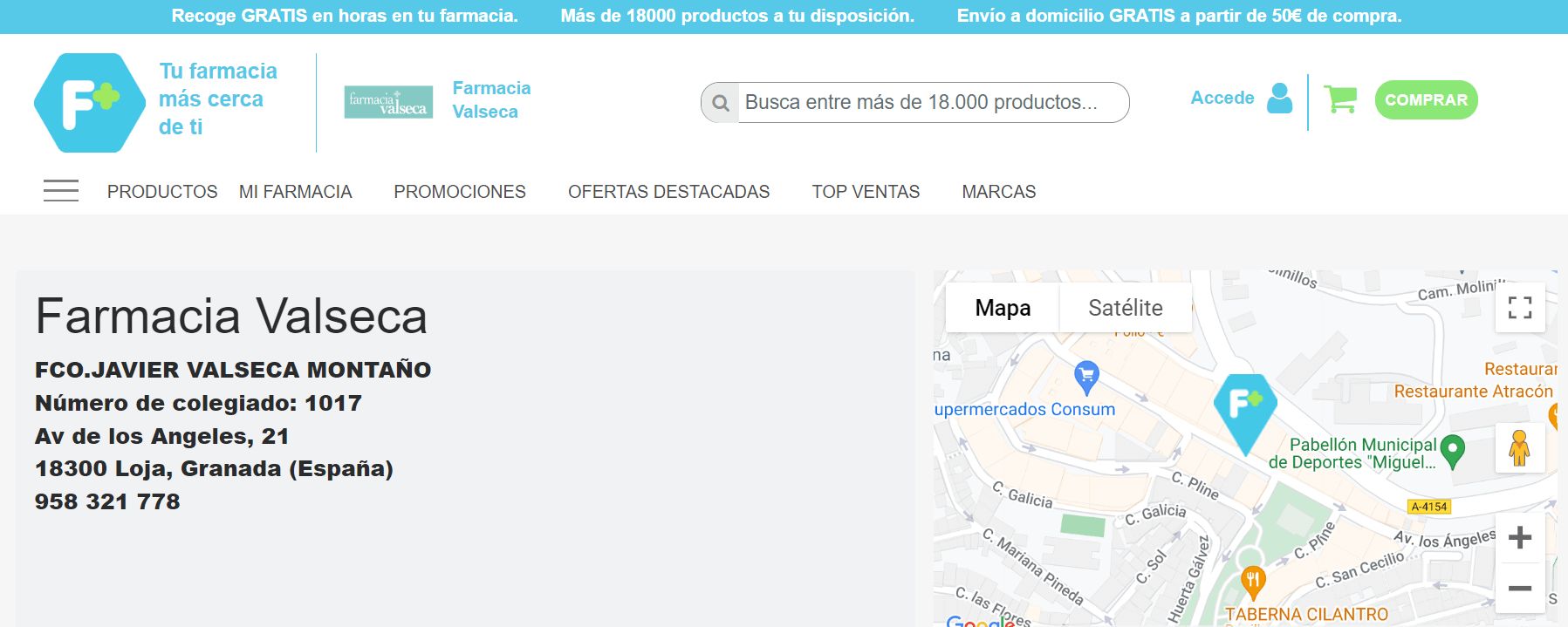 Ficha de la Farmacia Valseca de un directorio. Te indica el nombre del farmacéutico, el número de colegiado, la dirección y el teléfono. a la derecha un mapa en el que te muestra dónde se encuentra la farmacia.