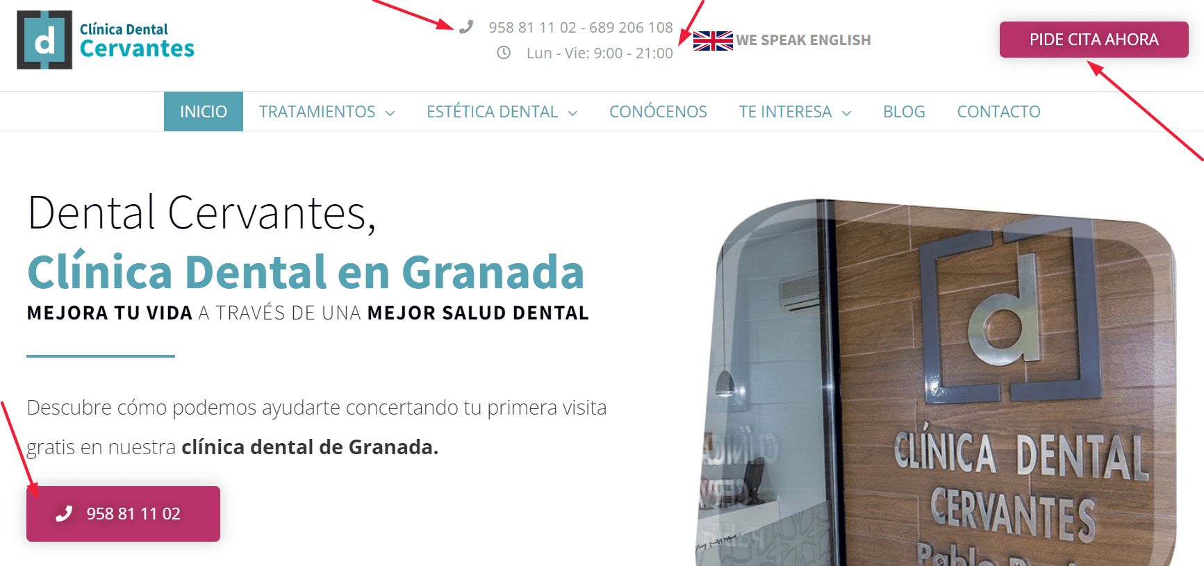 Anuncio de una clínica dental llamada Cervantes que te incluye el teléfono, el horario, un botón para poder llamar directamente y otro botón para pedir cita. El anuncio está acompañado de una imagen y el eslogan de la clínica dental Cervantes.