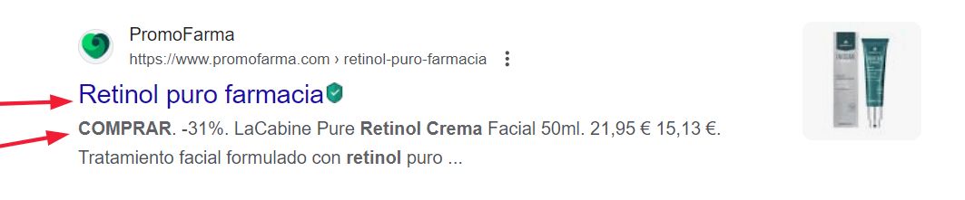 Título y meta descripción de una pagina web. El título es "Retinol puro farmacia". Encima está la url de la web y a la derecha una fotografía de una crema con retinol.
