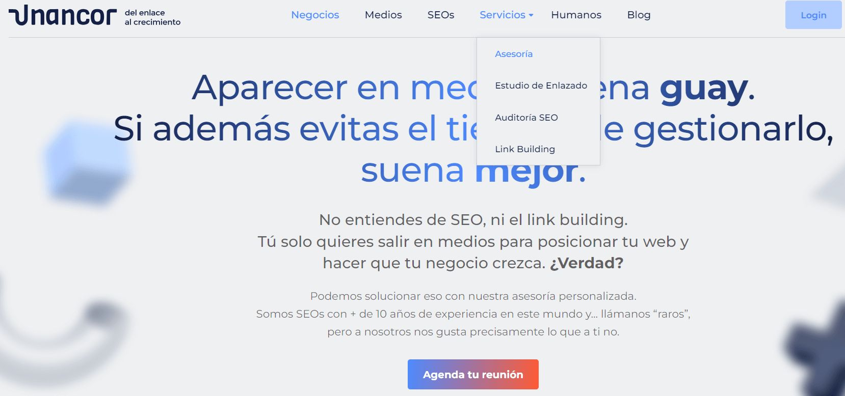 Página web de unancor en la que se ve dónde está el servicio de asesoría. Desplegando el menú de servicios de la home.